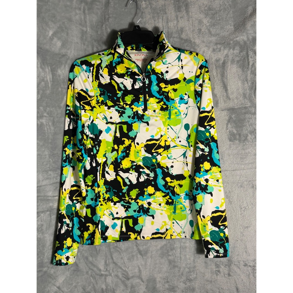 Kinona Women Small Abstract Splatter Golf Top Quarter Zip Long Sleeve Neon Teal